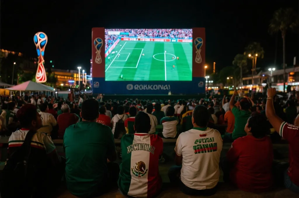 墨西哥夜晚球迷在大屏前观看世界杯比赛